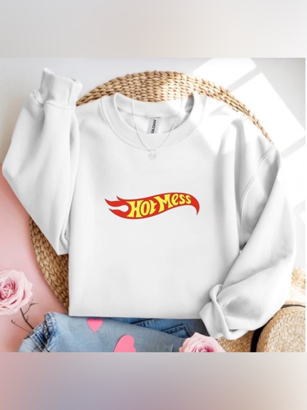White Crewneck Sweatshirt Hot Mess Funny Graphic Trendy Gift